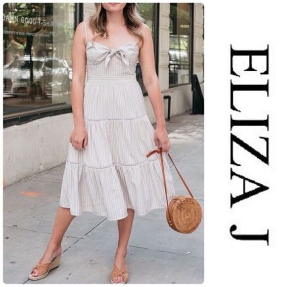 Eliza J Striped Tiered Sundress Midi Neutrals sz 4 US - Picture 1 of 16